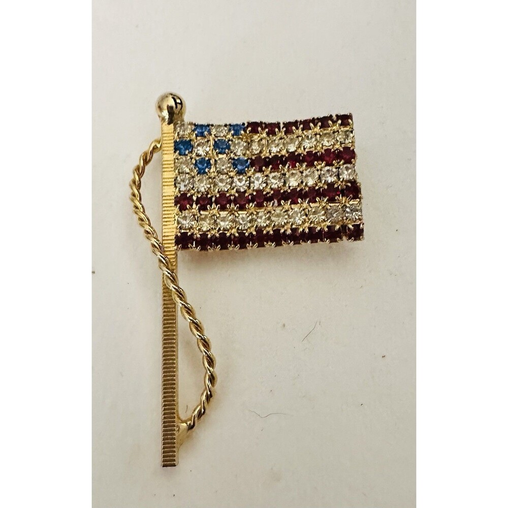 Vintage American Flag Rhinestone Brooch Pin Gold Tone Patriotic Red White Blue